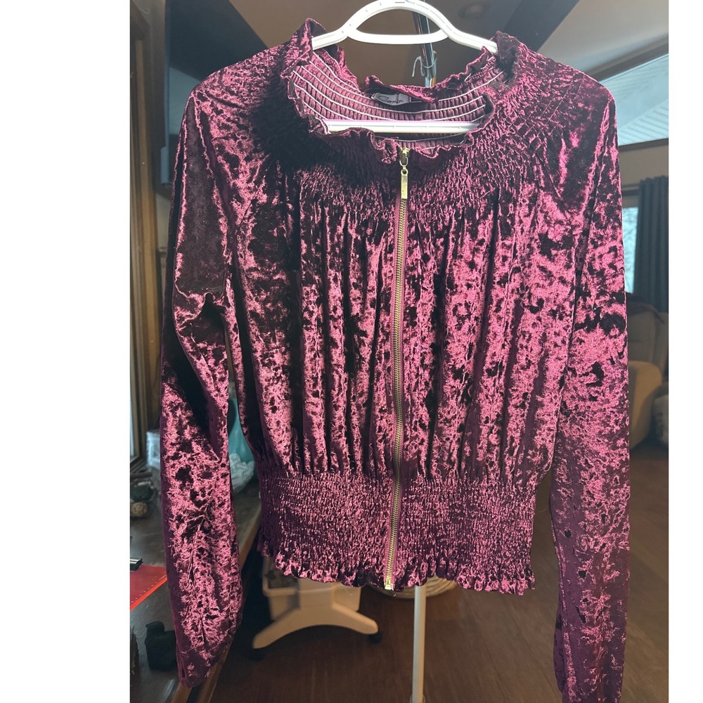 Vintage Velvet Smocked Zip Long Sleeve Blouse Plum Burgundy Ruffle grunge y2k